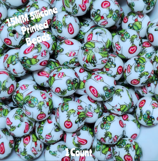 New 1 Count DIY Silicone Beads 15mm printed Grinch Beads Beadable Accessories