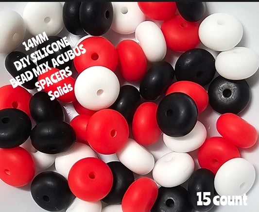 15 Count DIY 14 MM WHITE Silicone Solids Acubus Spacer Beads Craft Supplies White Red Black