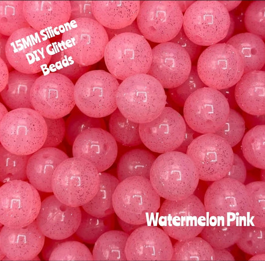 15mm DIY Silicone Beads Glitter 1 Count Watermelon Pink