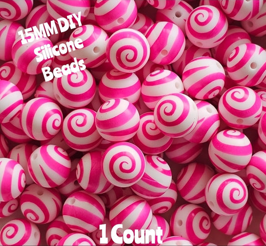 New 1 Count DIY Silicone Beads 15mm printed Pink Swirl Beads Beadable Accessories