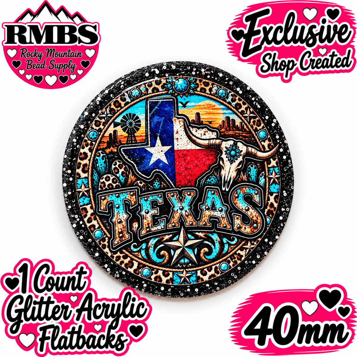 Exclusive 1 Count Custom Exclusive Glitter Acrylic Flatback 40mm STATE TEXAS