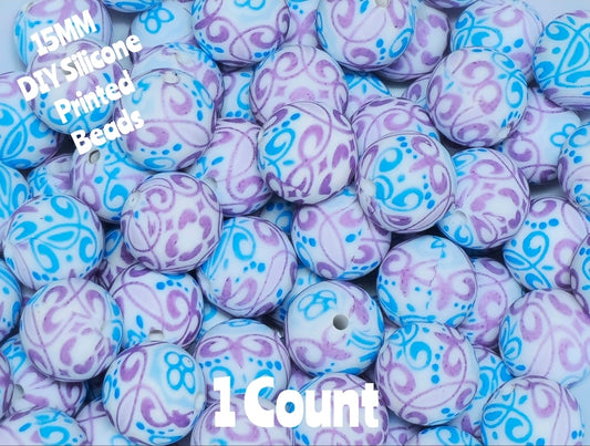 New 1 Count 15mm Printed Beads Multi Paisley Purple Blue beads