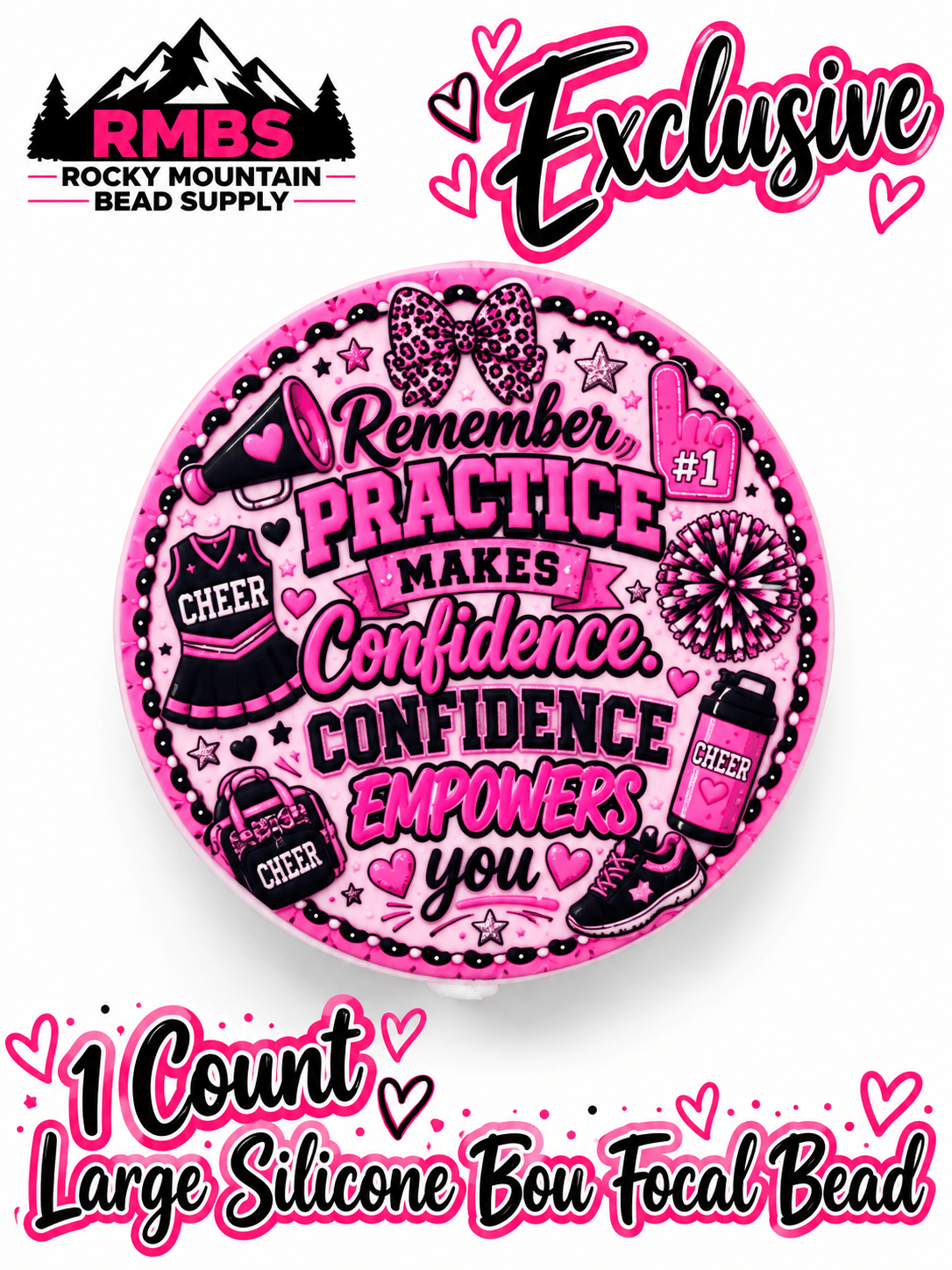 NEW Exclusive 1 count PRINTED Silicone Focal Bead CHEERLEADER