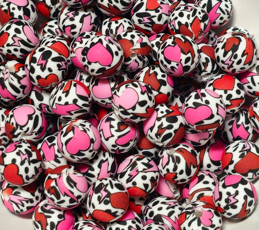 New 15mm printed Cow Hearts 1 count Silicone Beads
