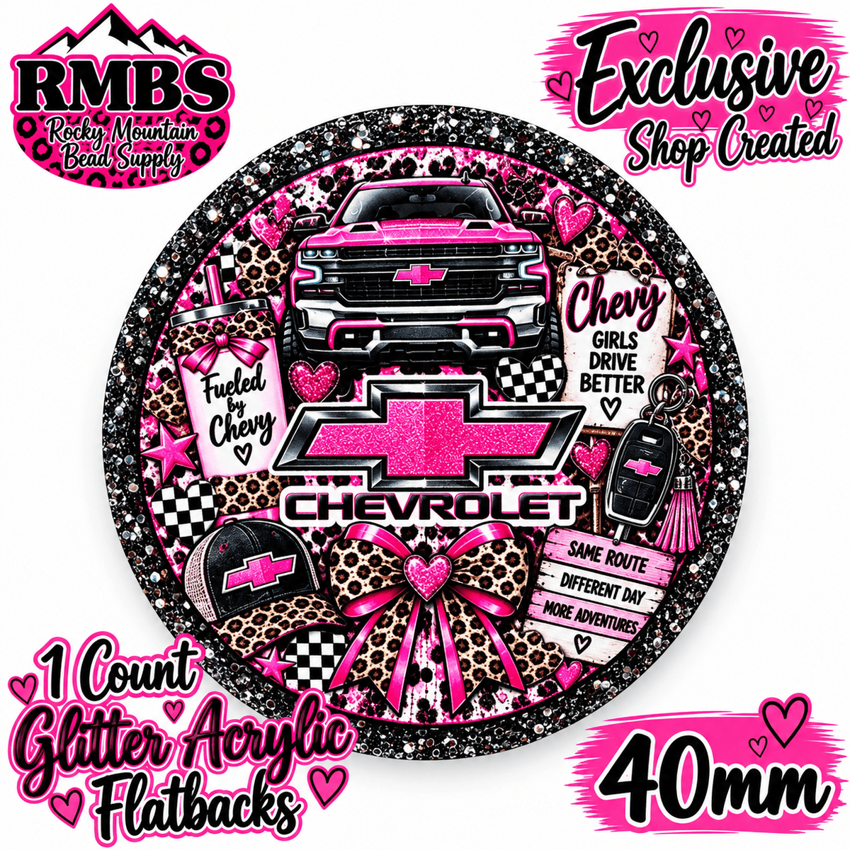 Exclusive 1 Count Custom Exclusive Glitter Acrylic Flatback 40mm CHEVY PINK