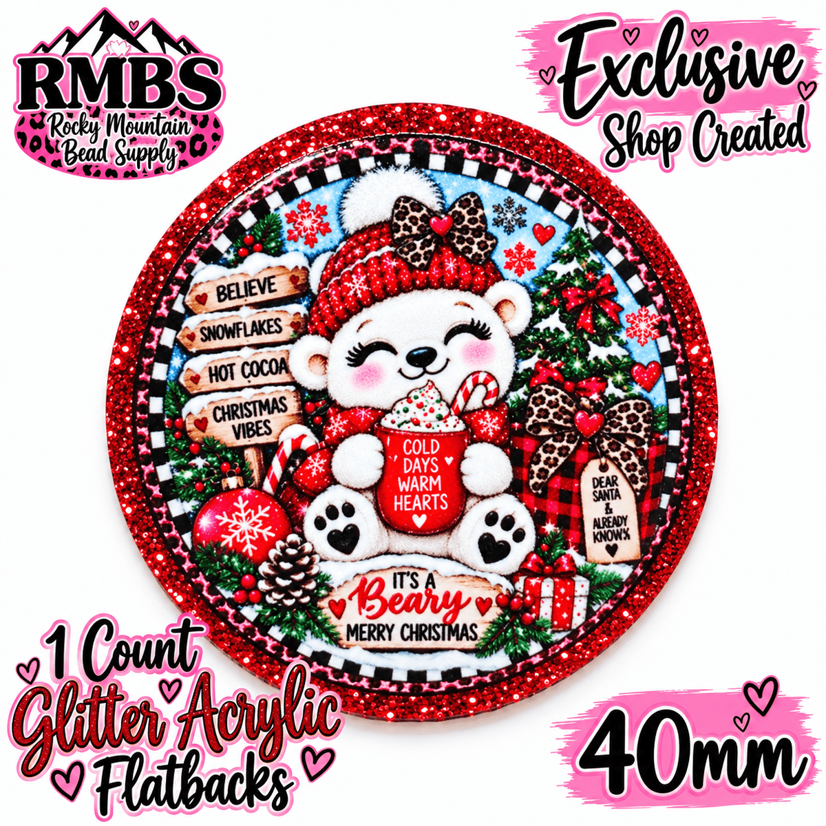 Exclusive 1 Count Custom Exclusive Glitter Acrylic Flatback 40mm BERRY MERRY CHRISTMAS