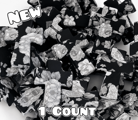 New 1 Count Focal Bead Cross Black Floral