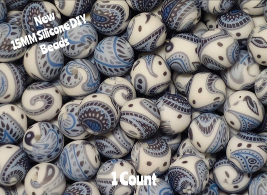New 1 Count DIY Silicone Beads 15mm printed blue paisley beadable accessories