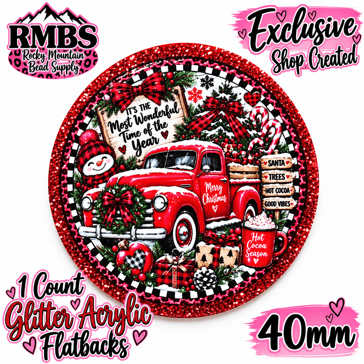 Exclusive 1 Count Custom Exclusive Glitter Acrylic Flatback 40mm MERRY CHRISTMAS RED TRUCK