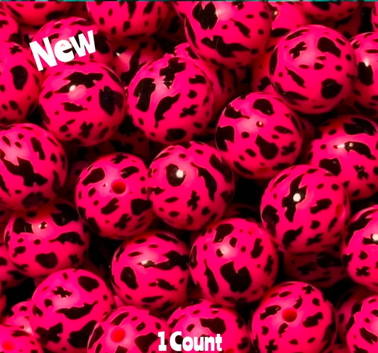 New 15mm 1 Count Bold Hot Pink Cow Country printed silicone bead