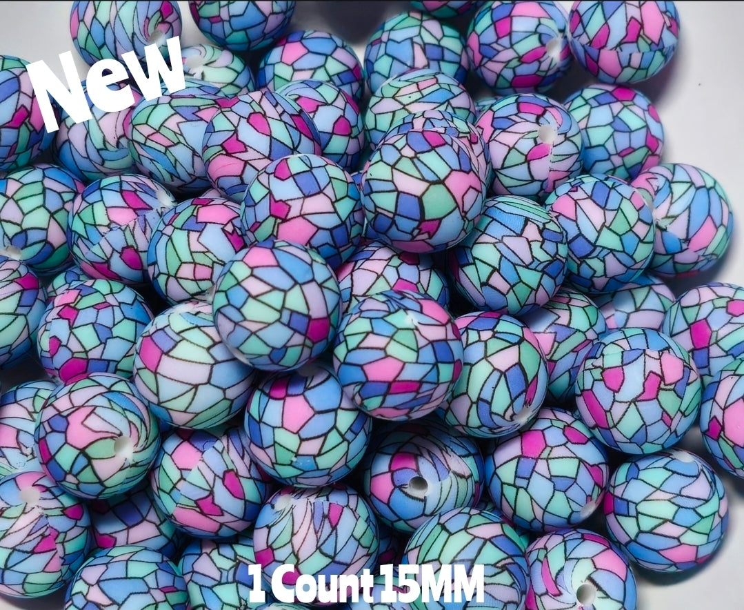 New 1 Count Stained Glass Prints 15mm printed Silicone Beads