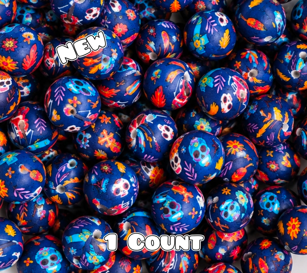 New 1 Count DIY Silicone Beads 15mm printed Sugar Skulls