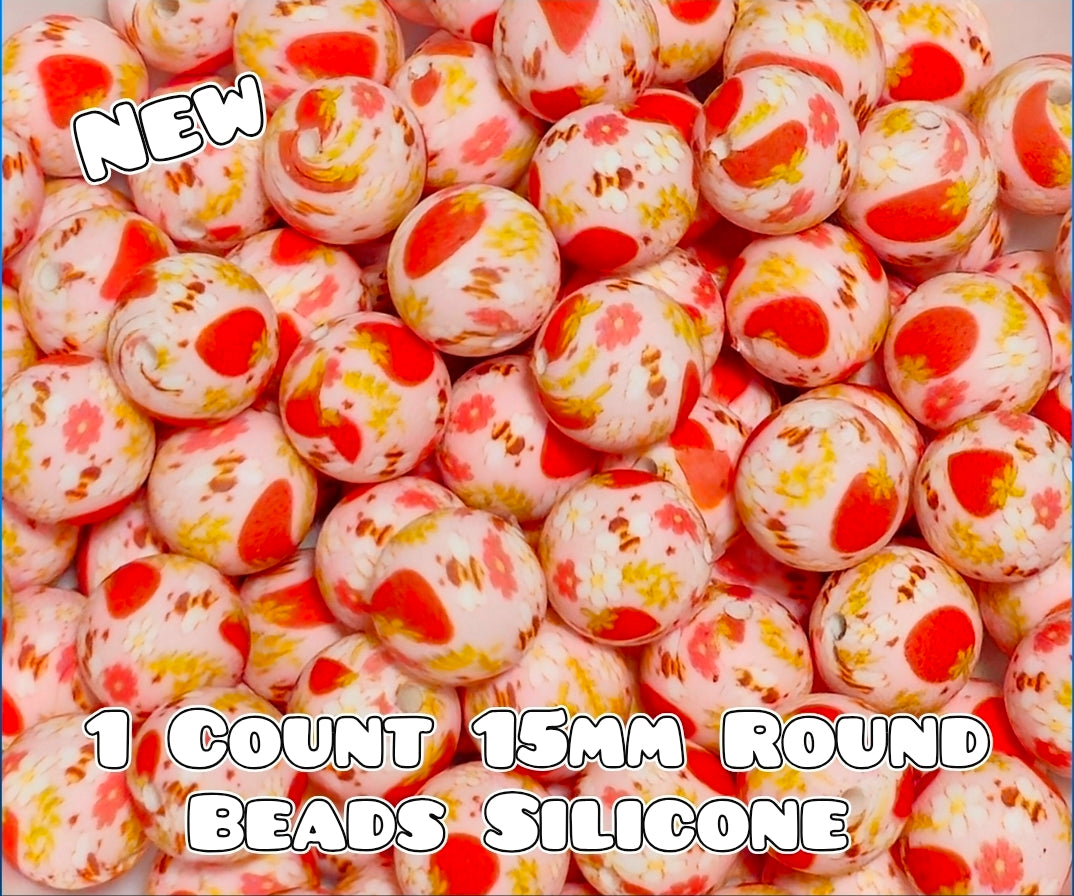 New 1 Count 15mm printed silicone beads STRAWBERRY BEE FLOWERS
