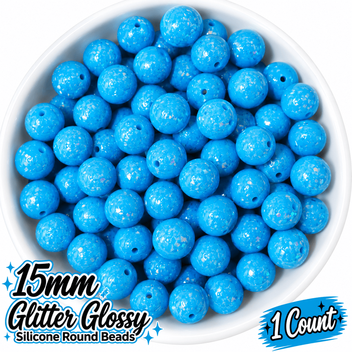 NEW Glitter 15mm DIY Silicone Beads Glossy Shiny Solids 1 Count SKY BLUE