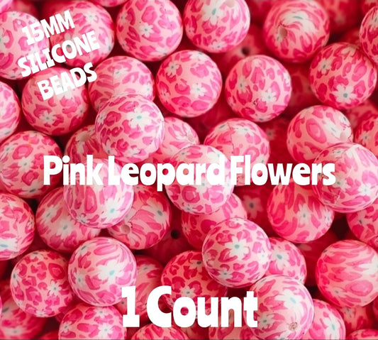 New 1 Count 15mm printed Pink Leopard Flowers silicone bead