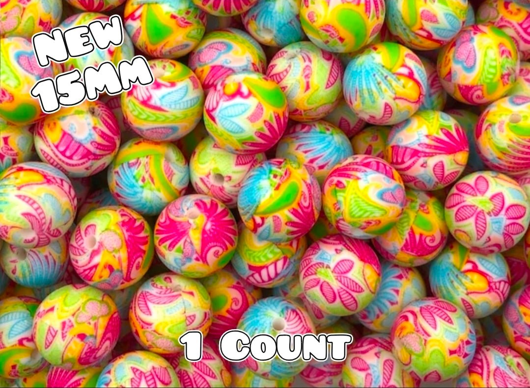 New 1 Count 15mm printed silicone beads Fiesta Flowers Bright