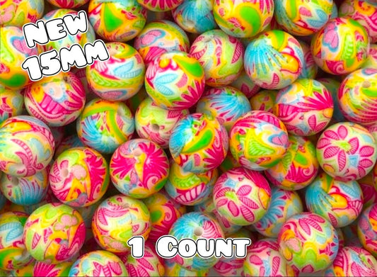 New 1 Count 15mm printed silicone beads Fiesta Flowers Bright