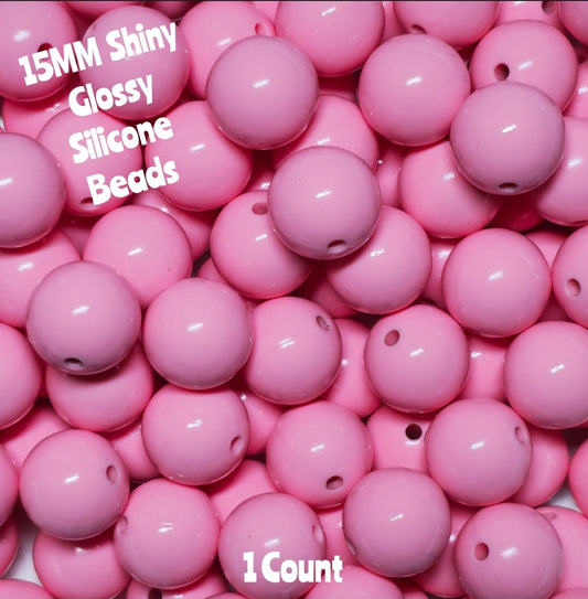 15mm DIY Silicone Beads Glossy Shiny Solids 1 Count Pink