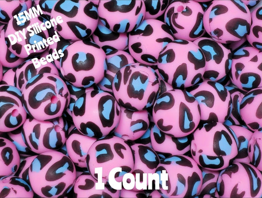 New 1 Count 15mm Printed Beads Pink Blue Leopard DIY beads