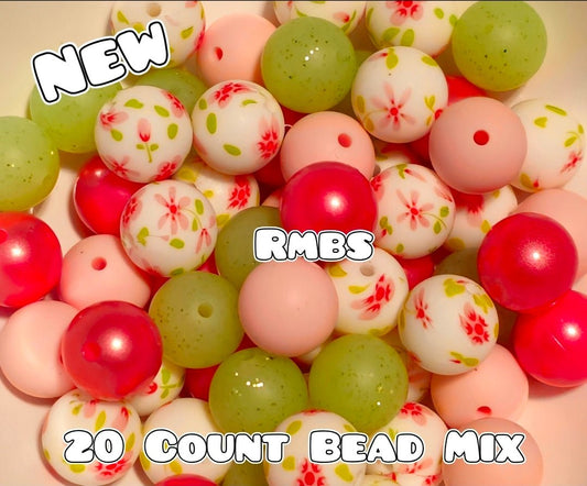 20 Count Silicone Bead Mix Flowers Pink Green