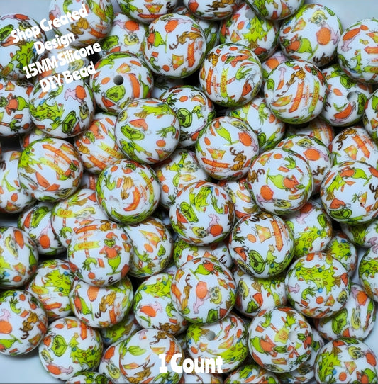 New 1 Count DIY Silicone Beads 15mm printed Grinch Beads Beadable Accessories
