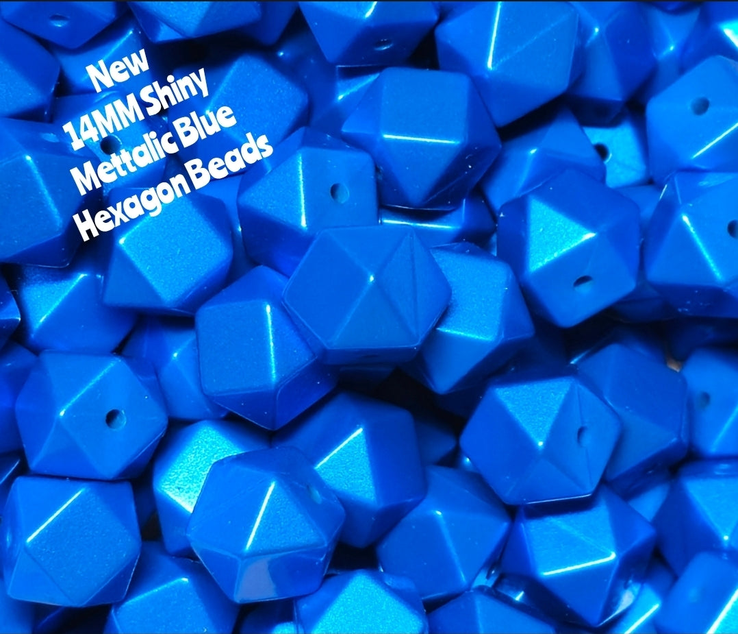 1 Count DIY Beads 14MM Mettalic BLUE Hexagon