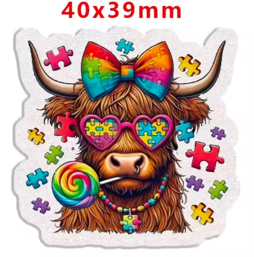 Glitter Acrylic Flatback- Acrylic Planer Resin Charm Autism Cow