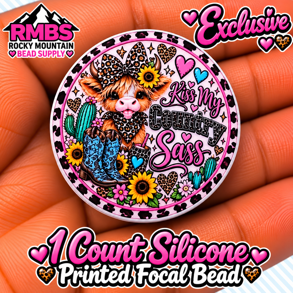 Exclusive 1 count PRINTED Silicone Focal Bead COW KISS MY COUNTRY SASS
