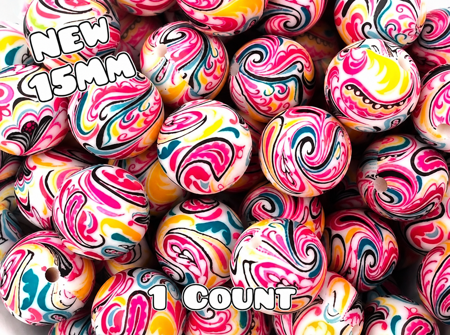New 1 Count 15mm printed silicone bead Pink Paisley