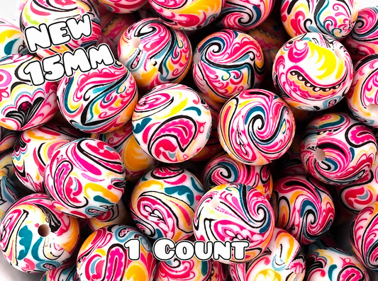 New 1 Count 15mm printed silicone bead Pink Paisley