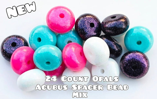 New Acubus mix 14mm shimmer opal acubus spacer beads mix 16 count 4 teal- 4 pink- 4 white- 4 black