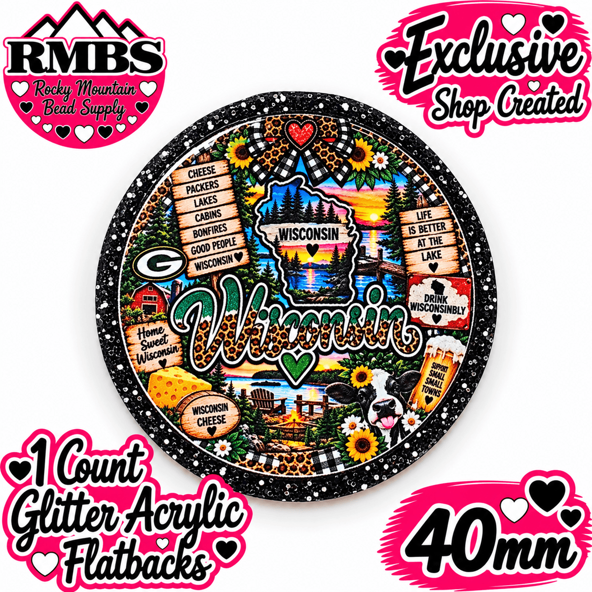 Exclusive 1 Count Custom Exclusive Glitter Acrylic Flatback 40mm STATE WISCONSIN