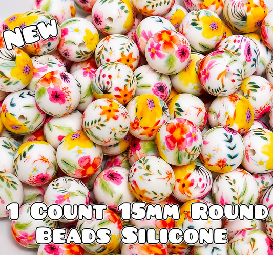 New 1 Count 15mm printed silicone beads SPRING MEADOWS