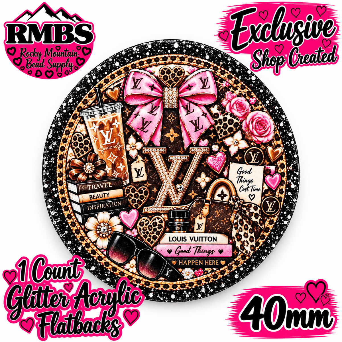 Exclusive 1 Count Custom Exclusive Glitter Acrylic Flatback 40mm LV PINK BLOWN 3