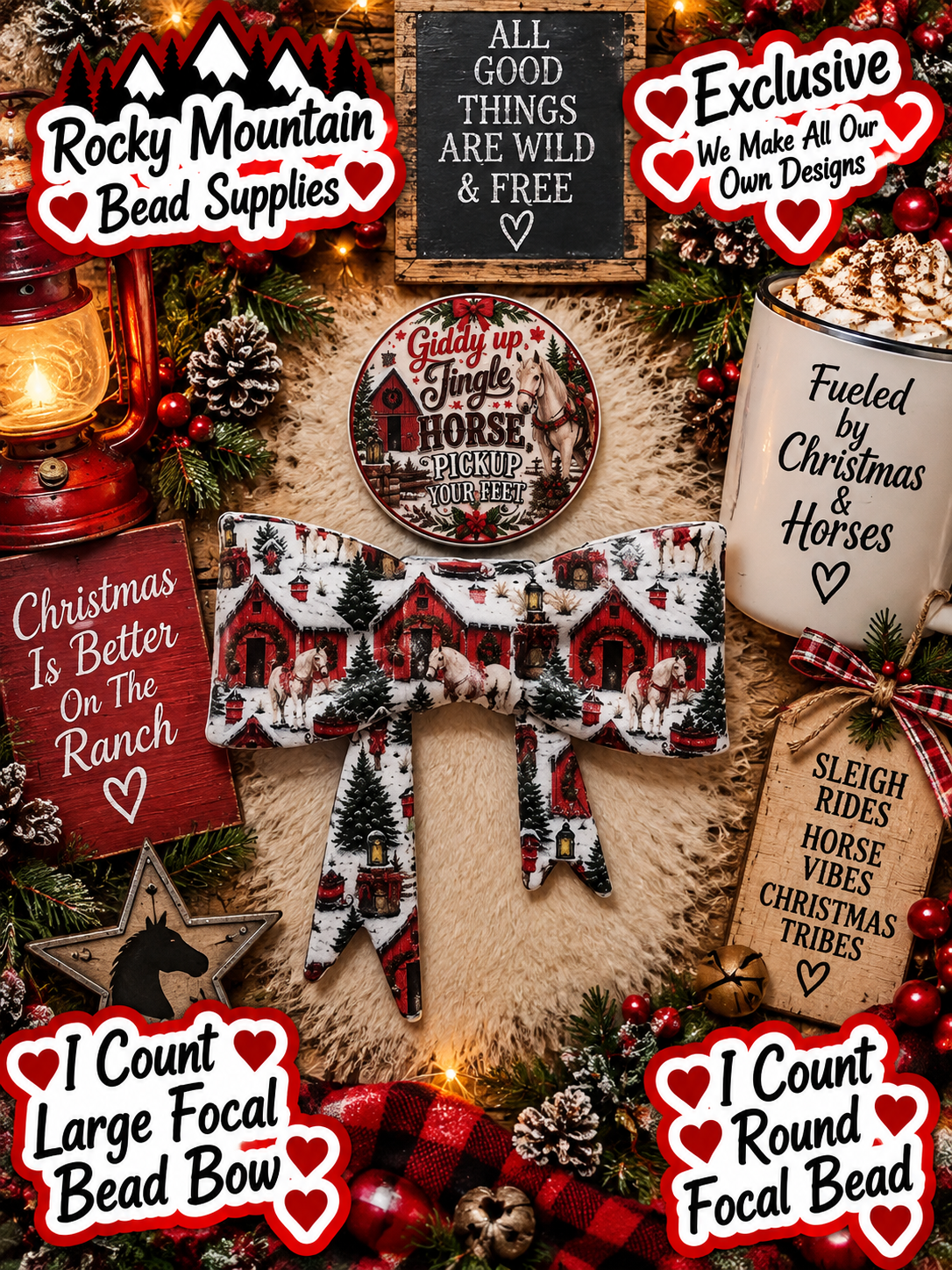 New Shop Exclusive 1 Count Large Silicone Bow 1 Count Focal Bead Round Christmas Horses