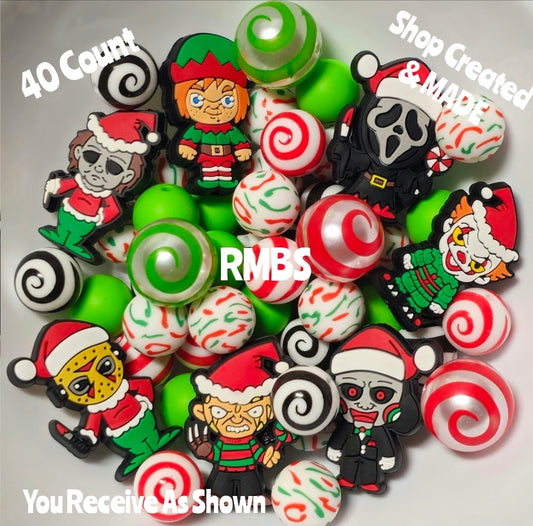 New Deluxe Christmas Horror Silicone Bead Mix DIY Craft Supplies 40 Count 15mm