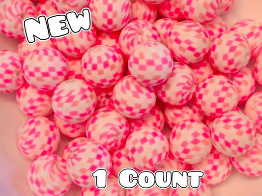 New 1 Count DIY Silicone Beads 15mm printed Multi Pink Checkered