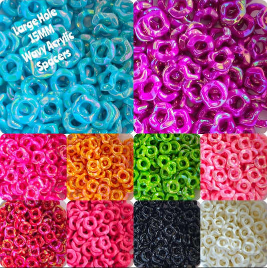 New Colors 15MM Popular Acrylic Large HOLE Wavy Spacers Beads 5 Count FITS ANY AND ALL BEADABLES