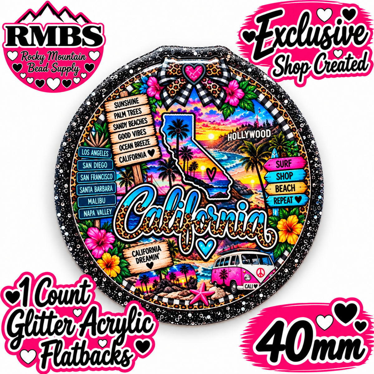 Exclusive 1 Count Custom Exclusive Glitter Acrylic Flatback 40mm STATE CALIFORNIA