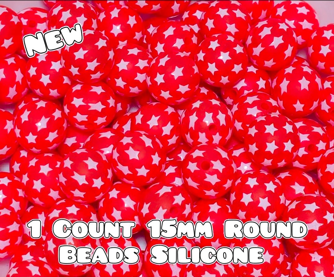 Cuentas de silicona impresas de 15 mm, 1 unidad, ESTRELLAS ROJAS