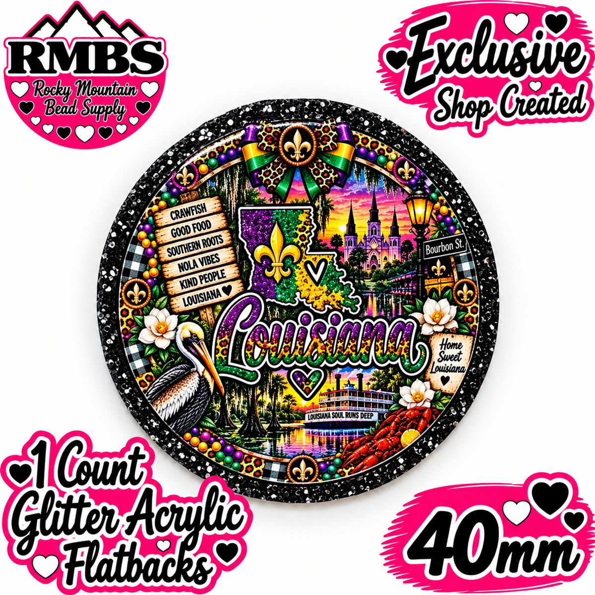Exclusive 1 Count Custom Exclusive Glitter Acrylic Flatback 40mm STATE NEW LOUISIANA