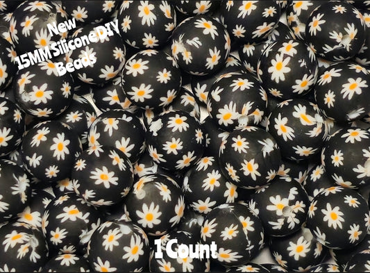New 1 Count DIY Silicone Beads 15mm printed white daisy flowers beadable accessories