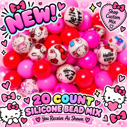 New 15mm Hello Kitty SILICONE Bead Mix 20 count. DIY Bead Craft Supplies