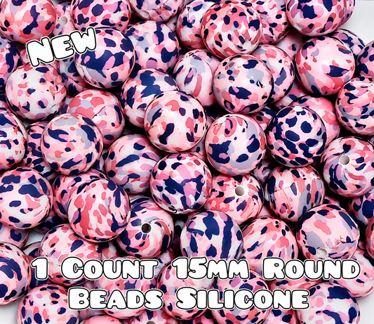 New 1 Count DIY Silicone Beads 15mm printed Pastel Pink Navy Camouflage