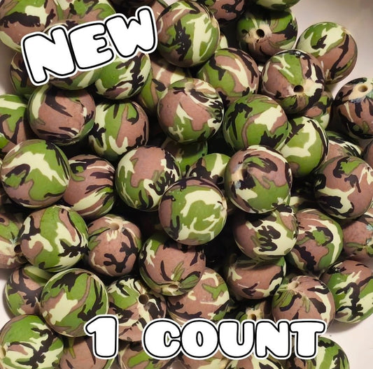New 1 Count 15mm printed silicone beads Camouflage