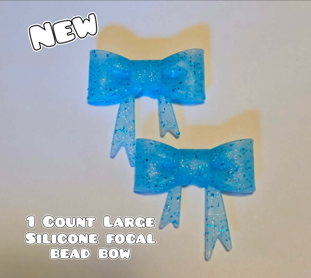 1 Count Large Silicone Printed Bow Focal Beads. Bow beadable accessories. Glitter Blue