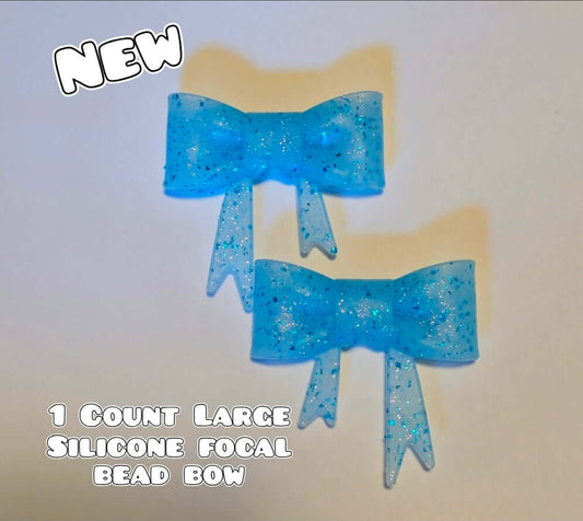 1 Count Large Silicone Printed Bow Focal Beads. Bow beadable accessories. Glitter Blue