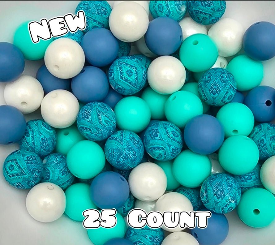 25 Count Silicone Bead Mix Opal Paisley Mint Blue