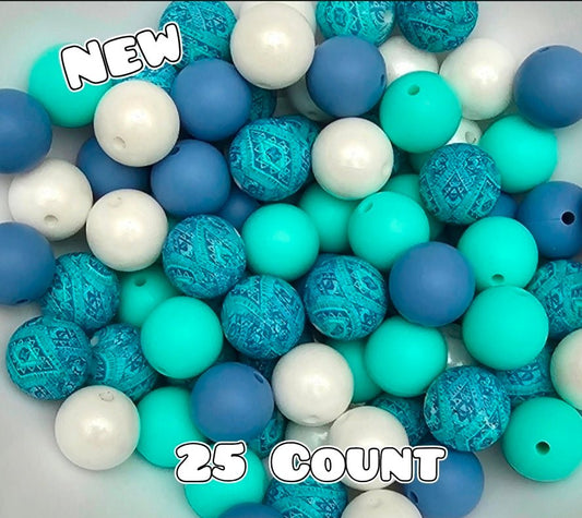 25 Count Silicone Bead Mix Opal Paisley Mint Blue