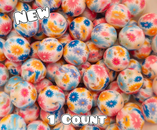 New 1 Count DIY Silicone Beads 15mm printed Soft Multi Flowers